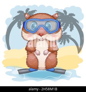 Niedlicher Hamster in Flossen und Brille, Sommer-Konzept, Hamster Cartoon-Figuren, lustige Tierfigur. Stock Vektor