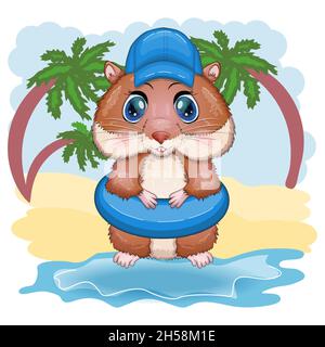 Niedlicher Hamster im Schwimmkreis und Hut, Sommerkonzept, Hamster-Zeichentrickfiguren, lustige Tierfigur Stock Vektor