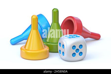 Bunte Spielfiguren mit Würfel 3D Rendering Illustration isoliert auf weißem Hintergrund Stockfoto