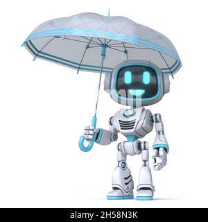 Cute blauen Roboter hält Regenschirm 3D-Rendering-Illustration isoliert auf weißem Hintergrund Stockfoto
