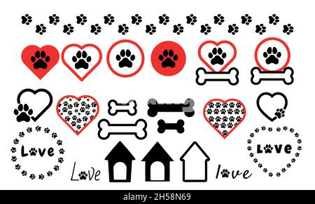 Dog, Puppy, Pet Paw Silhouette. Symbole eingestellt. Tags. Ich liebe meinen Hund. Hund Mama Stock Vektor