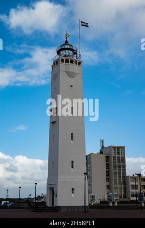 Vorderansicht des Leuchtturms in Noordwijk aan Zee (Zuid-Holland, Niederlande Stockfoto