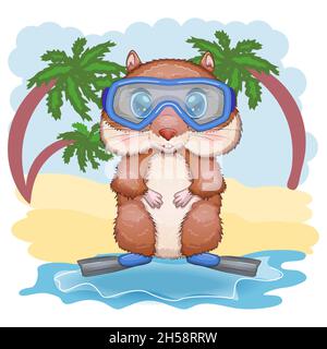 Niedlicher Hamster in Flossen und Brille, Sommer-Konzept, Hamster Cartoon-Figuren, lustige Tierfigur. Stock Vektor