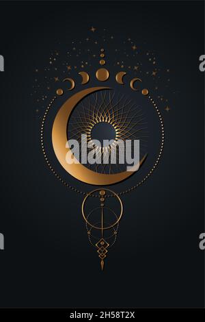 Traumfänger mit Mond und Sonne. Mondphasen rund. Handgezeichnete Illustration im Boho-Stil. Altes goldenes Wicca-Bannerschild, heilige Energiekreise, Vektor Stock Vektor