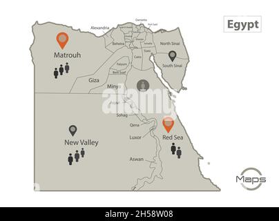 Ägypten Karte, einzelne Regionen mit Namen, Infografiken und Symbole Vektor Stock Vektor