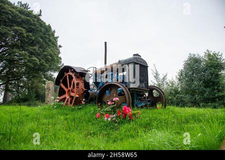 Vintage Fordson Traktor steht auf Gras auf einer Wiese mit Blumen um ihn herum Stockfoto