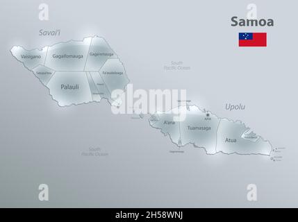 Samoa Karte und Flagge, administrative Teilung, trennt Regionen und Namen, Design Glaskarte 3D-Vektor Stock Vektor