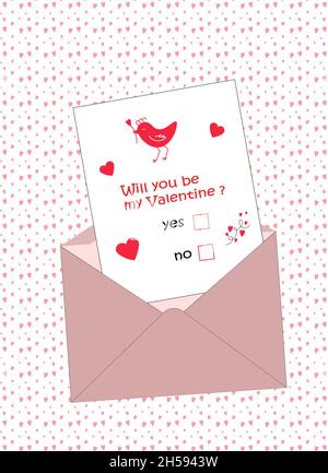 Postkarte zum Valentinstag. Briefumschlag mit einem Brief, einem Vogel und roten Herzen. Attribute für den Urlaub. Stock Vektor