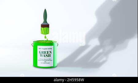 Green Wash Paint Zinn und Pinsel, Öko Greenwashing, um die Umweltauswirkungen der Industrie oder des Produktkonzepts 3D-Illustration zu überstreichen Stockfoto