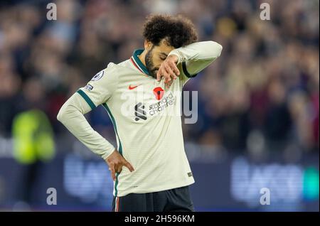 London, Großbritannien. November 2021. Mohamed Salah aus Liverpool sieht am 7. November 2021 beim Spiel der englischen Premier League zwischen West Ham United und Liverpool in London, Großbritannien, niedergeschlagen aus. Quelle: Xinhua/Alamy Live News Stockfoto