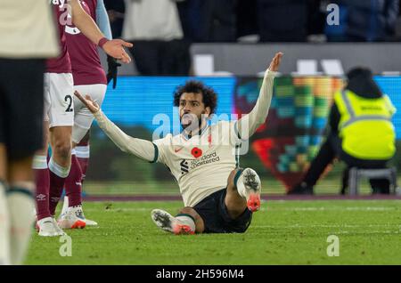 London, Großbritannien. November 2021. Mohamed Salah von Liverpool, der während des Spiels der englischen Premier League zwischen West Ham United und Liverpool am 7. November 2021 in London, Großbritannien, verschmutzt wurde. Quelle: Xinhua/Alamy Live News Stockfoto