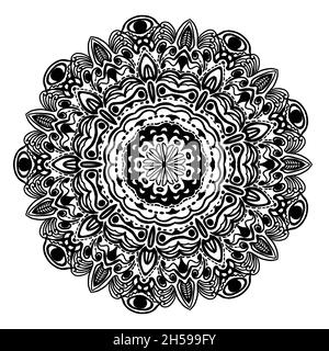 Tattoo-Design mit Mandala-Künsten in abstrakter runder Form mit menschlichen Augen, schwarze Tintenlinie von Hand gezeichnet, isolierte schwarze Tinte auf weißem Hintergrund. Stockfoto