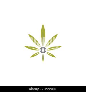 vektor-Illustration. Logo mit dem Konzept einer Form von Marihuana mit der Welt. Medizin und Apotheke. Stock Vektor