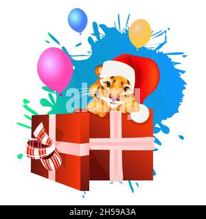Niedlichen Tiger halten Geschenke glückliches neues Jahr fröhliche weihnachten Feier Grußkarte Stock Vektor