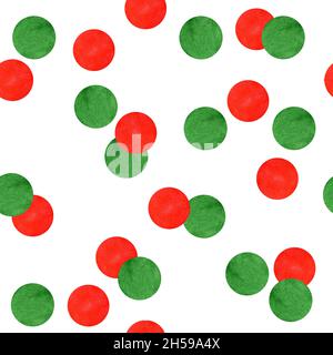 Aquarell von Hand gezeichnet Nahtloses Muster Polka Punkt Kreis rund abstraktes Design. Grün-rote weihnachtselemente auf weißem Hintergrund, festliche Feiertage Winterfest, lustige abstrakte traditionelle Druck Stockfoto