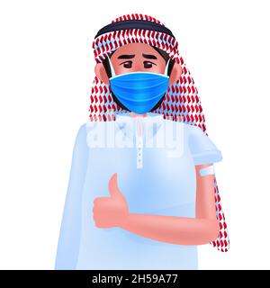 Geimpfter arabischer Mann nach Impfstoffinjektion erfolgreiches covid-19 Impfkonzept Porträt Stock Vektor