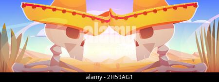 Tag der Toten, Dia de los muertos oder Viva Mexico Ferienfiguren Skelette Schädel in Mariachi Sombrero in Wüstenlandschaft. Mexikanische Halloween-Party, lateinische Tradition, Cartoon-Vektor-Illustration Stock Vektor