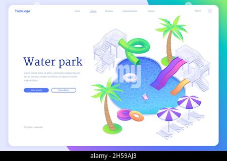 Wasserparkbanner mit Schwimmbad, Rutschen, aufblasbaren Ringen, Liegen und Palmen. Vektor Landing Page mit isometrischem Vergnügungspark mit Spiralrohr und Wasserrutschen Stock Vektor