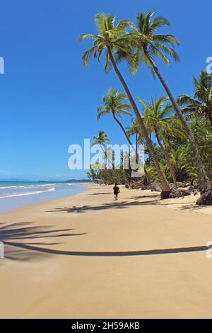 Mission Beach ist perfekt an schönen Tagen wie diesem für einen Spaziergang im Sand und ein Bad im Wasser an den Netzen Stockfoto