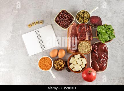 Eisenhaltige Lebensmittel, darunter Eier, Nüsse, Spinat, Bohnen, Tofu, Leber, Rindfleisch, Rote Beete, Muscheln, Und dunkle Schokolade. Stockfoto