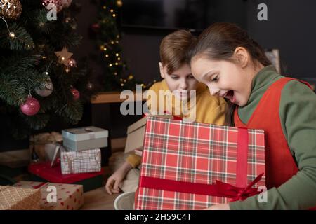Aufgeregt hübsches Mädchen mit offenem Mund sitzt auf dem Boden mit dekorierten Baum und Eröffnung Weihnachtsgeschenk mit Bruder Stockfoto