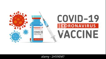 Covid-19-Coronavirus-Impfstoff. Flache Symbole für Spritze und Impffläschchen. Covid-19 Corona-Virus-Impfung mit Impfflasche und Spritzeninjektionswerkzeug. Stock Vektor