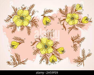 Vektor-Set von handgezeichneten Blumen, Ästen und Blättern auf texturiertem Hintergrund. In gelb und beige Farben. Stock Vektor