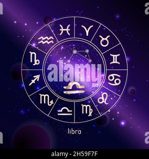 Vektordarstellung von 3D-Zeichen und Sternbild WAAGE mit Horoskopkreis vor dem Weltraumhintergrund mit Galaxie. Sakrale Symbole in Goldfarben. Stock Vektor