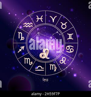 Vektordarstellung des 3D-Zeichens und Sternbildes LÖWE mit Horoskopkreis vor dem Weltraumhintergrund mit Galaxie. Sakrale Symbole in Goldfarben. Stock Vektor