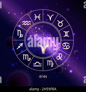 Vektordarstellung des 3D-Zeichens und Sternbildes WIDDER mit Horoskopkreis vor dem Weltraumhintergrund mit Galaxie. Sakrale Symbole in Goldfarben. Stock Vektor