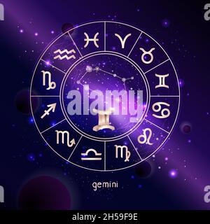 Vektordarstellung des 3D-Zeichens und Sternbildes GEMINI mit Horoskopkreis vor dem Weltraumhintergrund mit Galaxie. Sakrale Symbole in Goldfarben. Stock Vektor