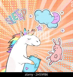Niedliches Einhorn, Mond, Spielzeug Kaninchen und Aufkleber mit Text SCHLAF. Vektor Pop Art Hintergrund. Poster, Grußkarte oder Einladung im Comic-Stil. Stock Vektor