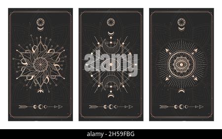 Vector Set aus drei dunklen Hintergründen mit geometrischen Symbolen, Grunge-Texturen und Rahmen. Abstrakte geometrische Symbole und heilige mystische Zeichen in l gezeichnet Stock Vektor