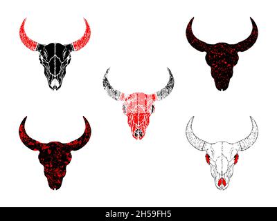 Vector set of hand drawn skulls bull with grunge elements in different variants on a white background. In black and red colors. For you design, tattoo Stock Vektor