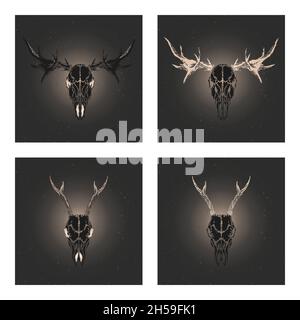 Vektor-Set aus vier Illustrationen mit handgezeichneten schwarzen Silhouetten Schädel Reh und Elch mit goldenen Elementen auf dunklem Hintergrund. Für Ihr Design, PR Stock Vektor