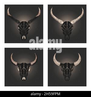 Vektor-Set aus vier Illustrationen mit handgezeichneten schwarzen Silhouetten Schädel wilden Büffel und Stier mit goldenen Elementen auf dunklem Hintergrund. Stock Vektor