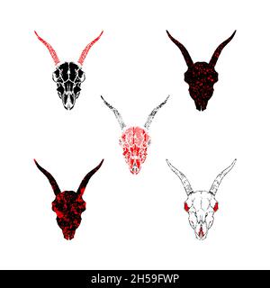 Vektor-Set von handgezeichneten Schädel Ziege mit Grunge-Elemente in verschiedenen Versionen auf weißem Hintergrund. In schwarz und rot. Für Sie entwerfen, Tattoo Stock Vektor