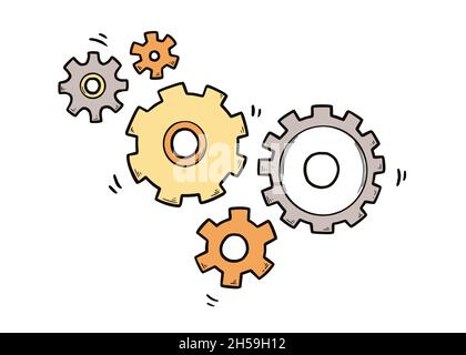 Handgezogener Zahnradsatz. Doodle Skizze Stil Farbe Getriebe Mechanismus. Konzept der Geschäftsidee, Teamarbeit, Fortschritt Hintergrund. Doodle-Zahnradvektor-Illustration. Stock Vektor