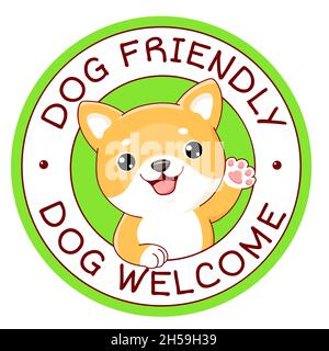 Tierfreundliches Vektoretikett. Stempel oder Aufkleber mit hundefreundlichem Text. Kawaii shiba inu Welpe im Kreis. Tierarztpraxis, Etikett, Aufkleber. Beschriftung Stock Vektor