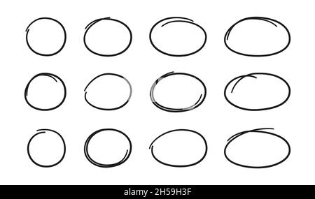 Handgezeichnete Ovale und Kreise gesetzt. Ovale in verschiedenen Breiten. Markieren Sie Kreisrahmen. Ellipsen im Doodle-Stil. Satz von Vektorgrafik isoliert auf Stock Vektor