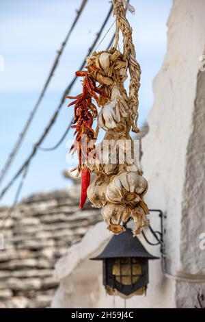 Ein Bund weißer Knoblauch und Chili-Papper hängen zum Trocknen. Stockfoto