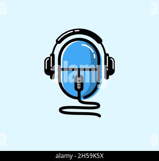 Vektorsymbol für Kopfhörer und Maus, Online-Musiklogo, Logo für Podcast, Symbol für Headset und Computermaus, Illustration für Computerbewertungen Stock Vektor