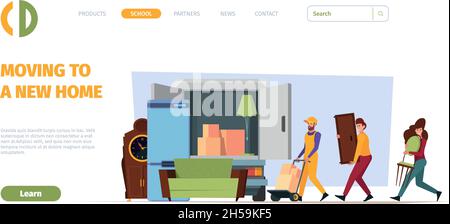 Standortverlegung. Möbel Transport zu neuen Haus Menschen mit Pappverpackungen grellen Vektor Web-Seite Vorlage Stock Vektor