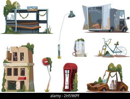 Nach der Apokalypse. Kriege Stadt Ruinen zerstörerische Gebäude Zerstörer Konzept exakte Vektor-Illustrationen im Cartoon-Stil Stock Vektor