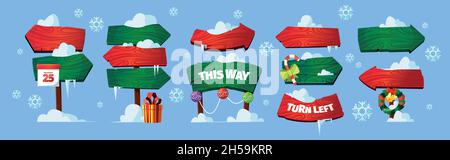 Nordpol-Schilder. Weihnachten hölzerne Richtungspfeile Bretter mit Schneekappen grellen Vektor-Illustration isoliert Stock Vektor