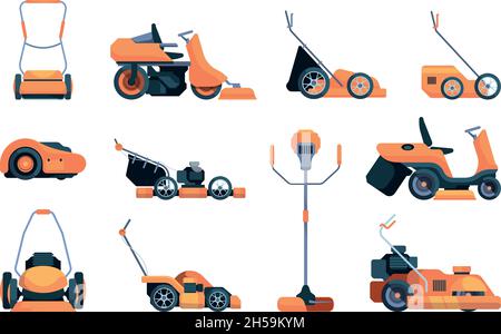 Rasenmäher. Mäher Traktor für Rasenpflege und Schneidemaschinen für Gärtner grellen Vektor-Illustrationen-Set Stock Vektor