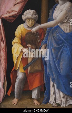 Ein Ölgemälde mit dem Titel Judith mit dem Kopf des Holofernes von der italienischen Paduaner Künstlerin Andrea Mantegna. In der National Gallery of Art in Washington D.C. Stockfoto