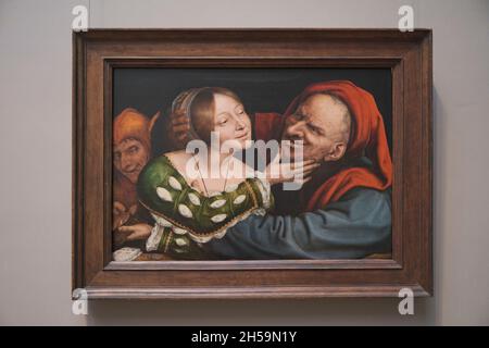 Ein lustiges, seltsames, hässliches Ölgemälde mit dem Titel „Unmatched Lovers“ des niederländischen Künstlers Quentin Massys. In der National Gallery of Art in Washington D.C. Stockfoto