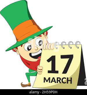 Saint Patricks Day Kobold Charakter. Steht neben dem Kalender mit Datum vom 17. märz. Green Suite Kobold feiert irisches Festival. Stock Vektor