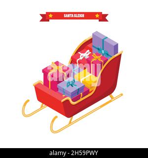 Isometrie des weihnachtsschlittens mit stapelweise Geschenken. Vektorgrafik Stock Vektor